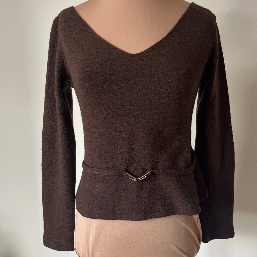 Emanuel Ungaro Vintage Long Sleeve Brown Knit V-Neck Chain Belt Sweater EUC Sz M